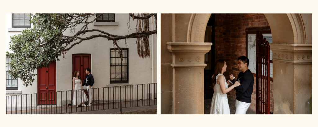 Couple embracing during outdoor couples photography session, relaxed natural photographer Sydney
