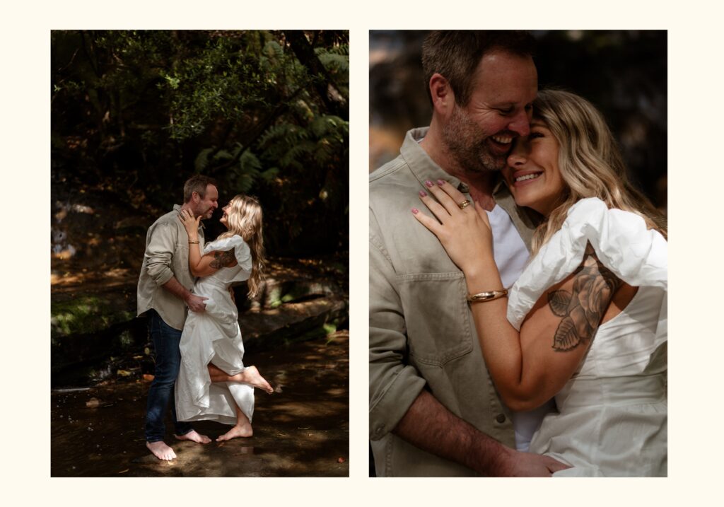 Couple during relaxed couples photography session in the Blue Mountains, practicing their first dance, Carolina Morgan Photography