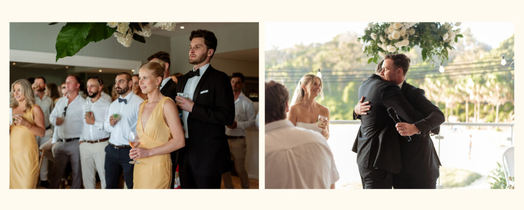 Bride and groom mingling with guests during cocktail hour, relaxed candid wedding photography Sydney