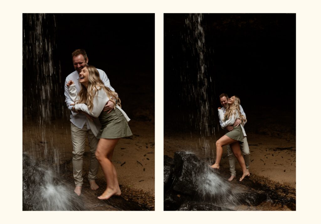 Couple walking together laughing during outdoor couples photography session Sydney, Carolina Morgan Photography