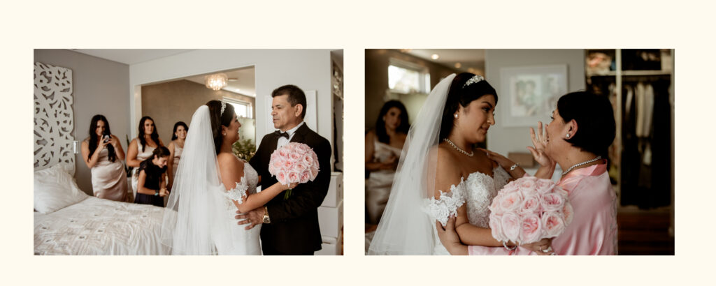 Bride looking in mirror on wedding morning, emotional getting ready moment captured by Sydney wedding photographer Carolina Morgan