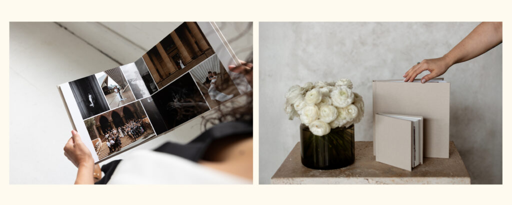 Printed wedding album with couple looking through photos together, wedding photography Sydney Carolina Morgan