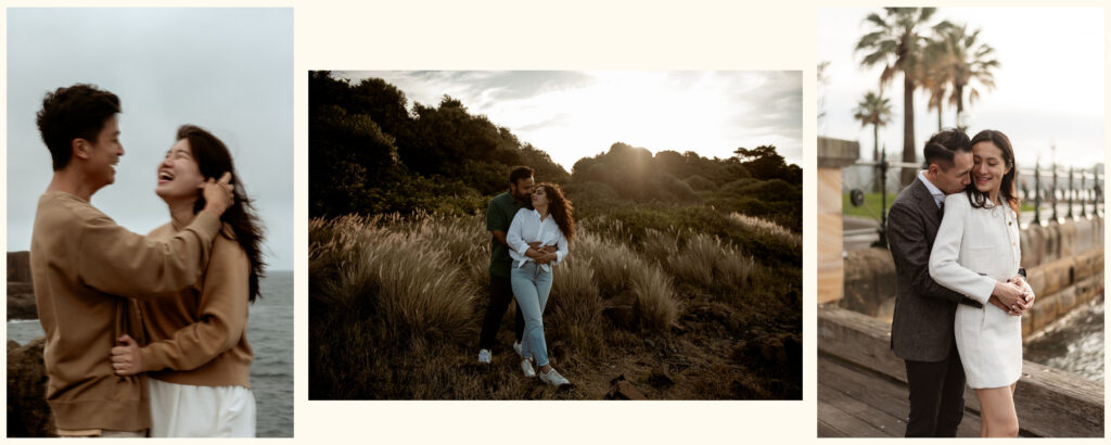 Couple in coordinated neutral outfits during outdoor couples photography session Sydney, Carolina Morgan Photography