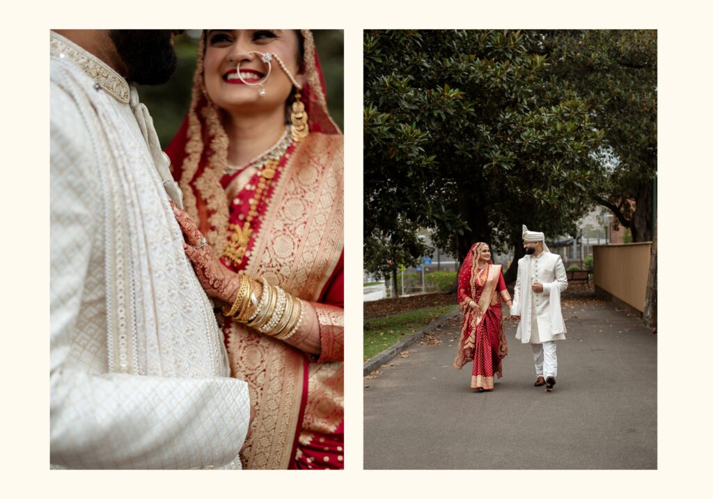 Groom smiling at bride during outdoor portrait session, natural wedding photography Sydney