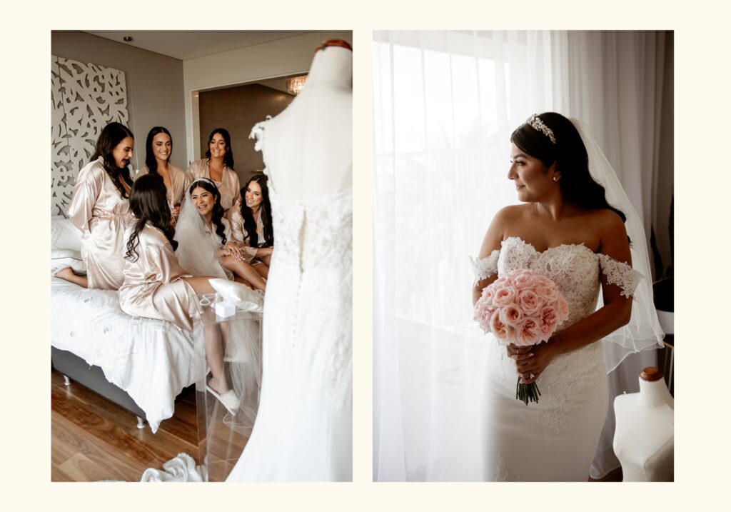 Bridal bouquet laid on towel with dry stems, wedding detail photography Sydney by Carolina Morgan